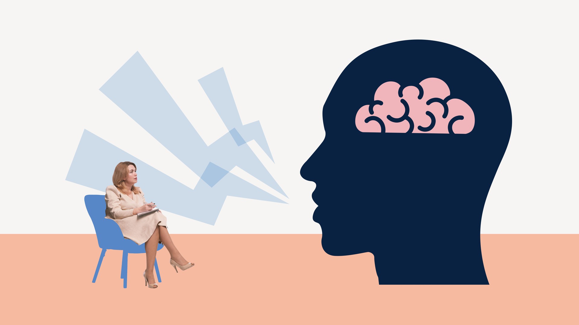 Woman, therapists listening to abstract human head with brain inside, symbolizing therapy sessions, healing process and clarity. Contemporary art collage.